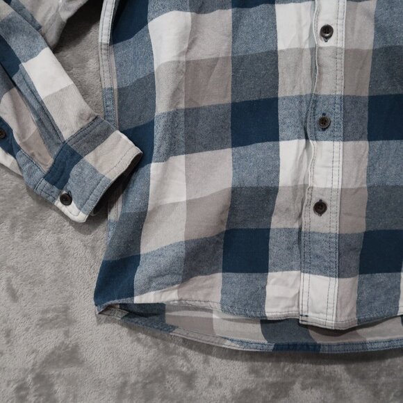 Red Head Shirt Mens M Blue Checks Flannel Button Up Collared Workwear Casual - Picture 3 of 16